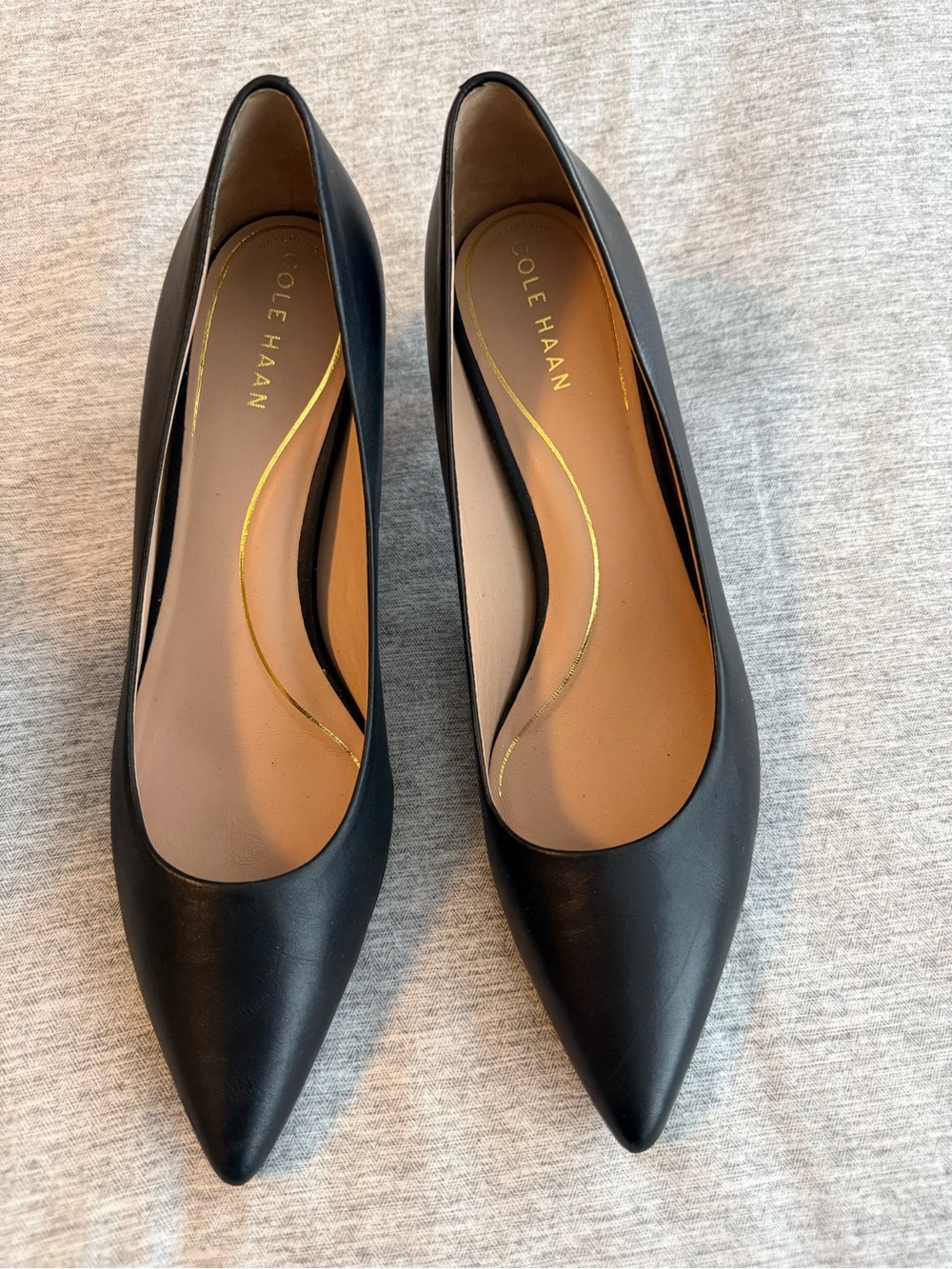 Cole Haan Black Leather Pointed-Toe Mid Heel Pumps